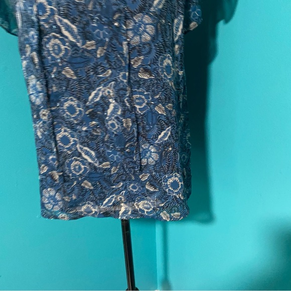 Joie S Blue Floral Metallic Flutter Sleeve Split Neck Chiffon Blouse - Picture 2 of 5